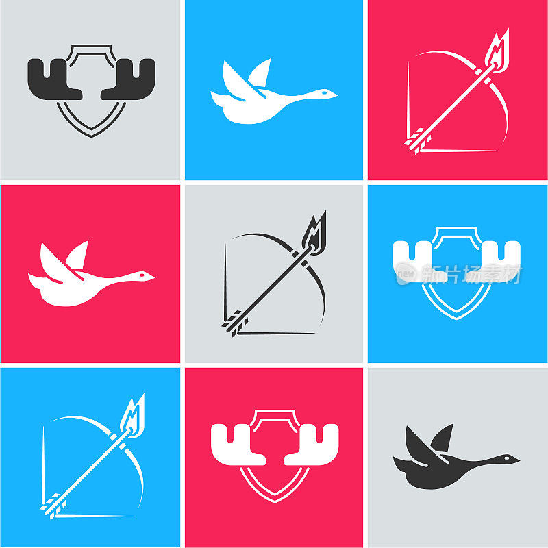Set Moose horns on shield, Flying duck and Bow and fire arrow icon. Vector
